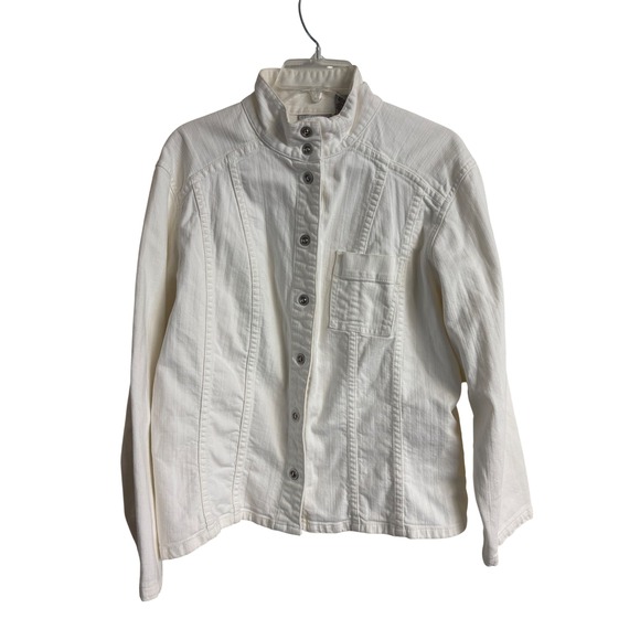 Chico's Jackets & Blazers - Chicos Platinum Womens White Denim Jacket Snap Front Size 2 Large Preppy